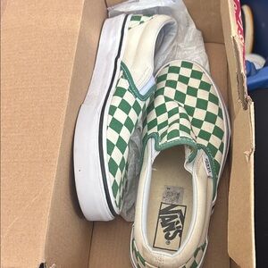 Vans Kids Green and White Checkered Slip-On Sneakers